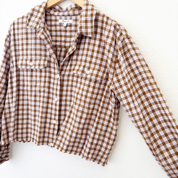 Madewell Brown plaid flannel cropped raw edge hem button down top size‎ Medium - Picture 2 of 5